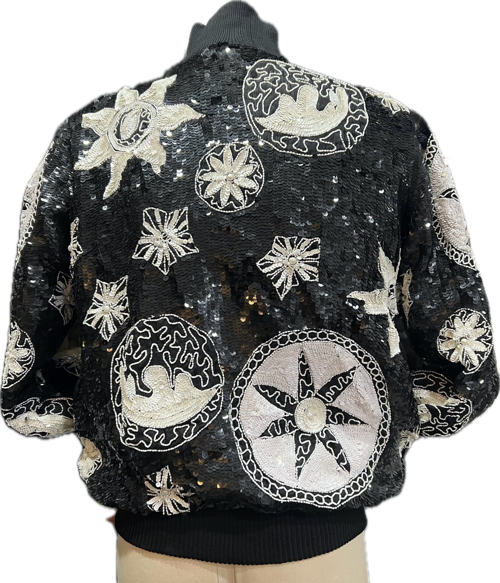 French Collezioni Sequin Bomber Jacket Size XL Black White Sun Moon Stars 4