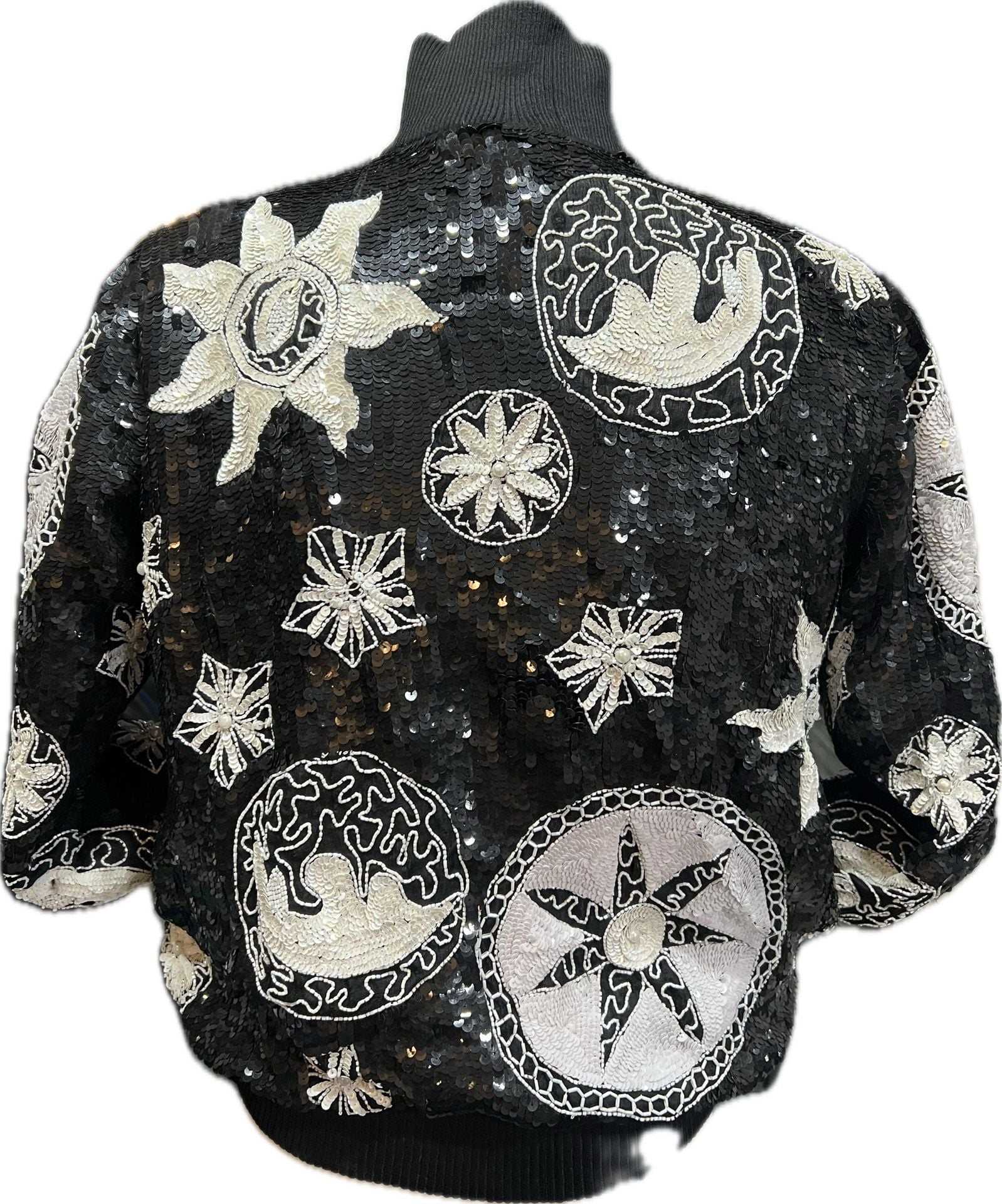 French Collezioni Sequin Bomber Jacket Size XL Black White Sun Moon Stars 5