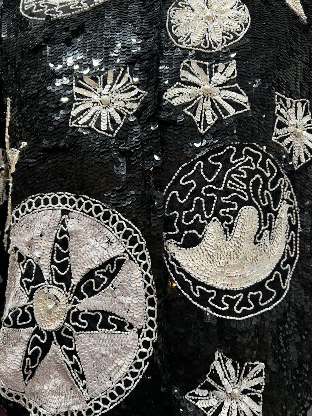 French Collezioni Sequin Bomber Jacket Size XL Black White Sun Moon Stars 11
