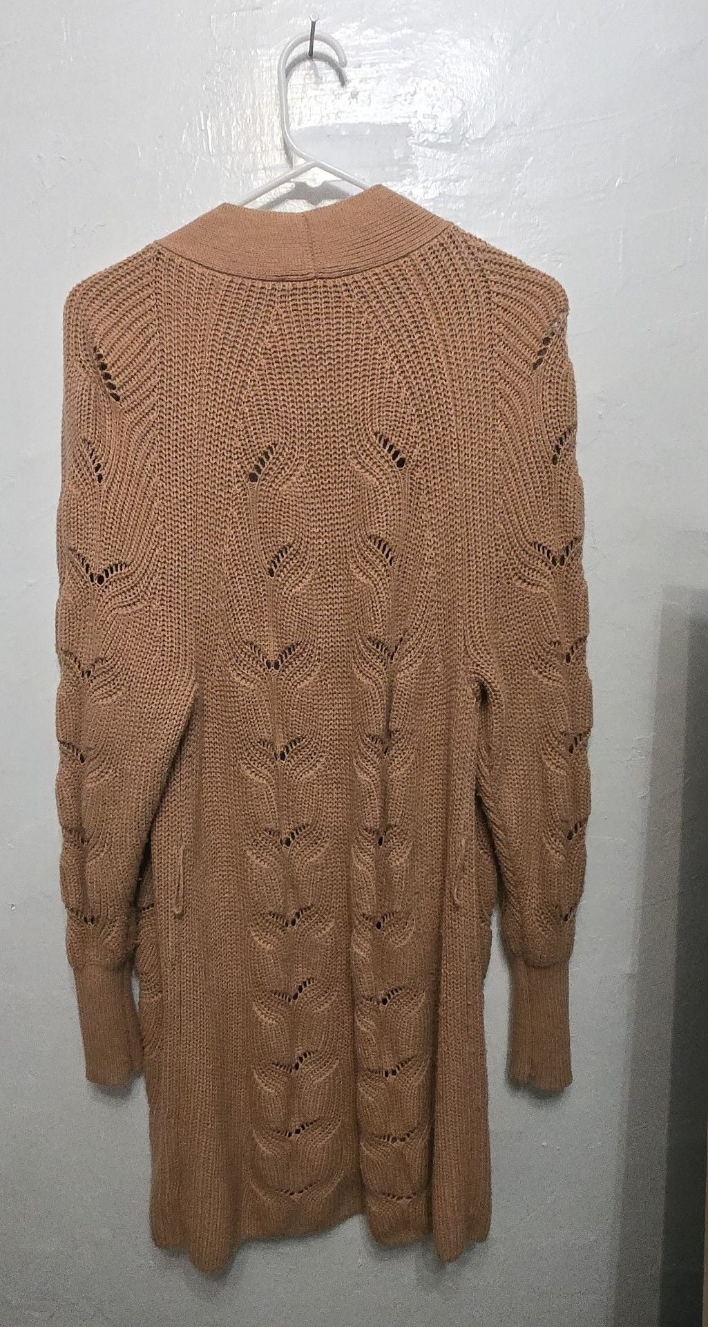 Express Cardigan Sweater Size M Tan Open Front Hollow Out Knit 4