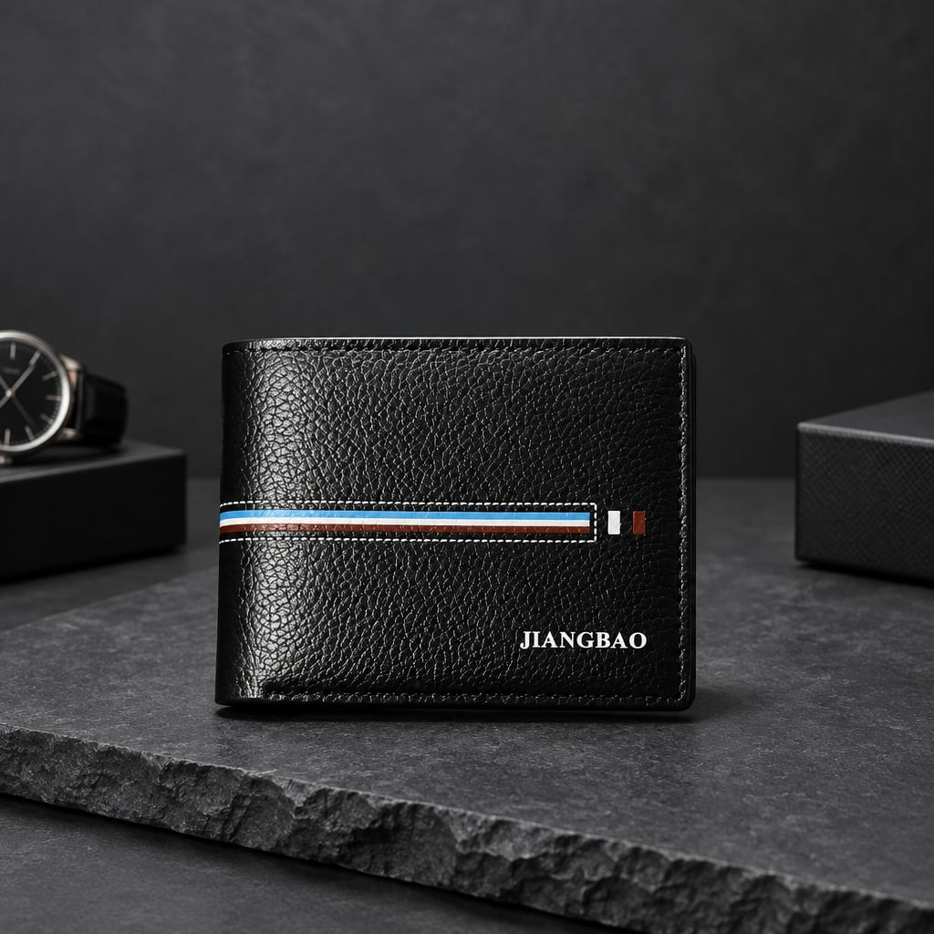 Men's Striped Leather Bifold Wallet Black 2