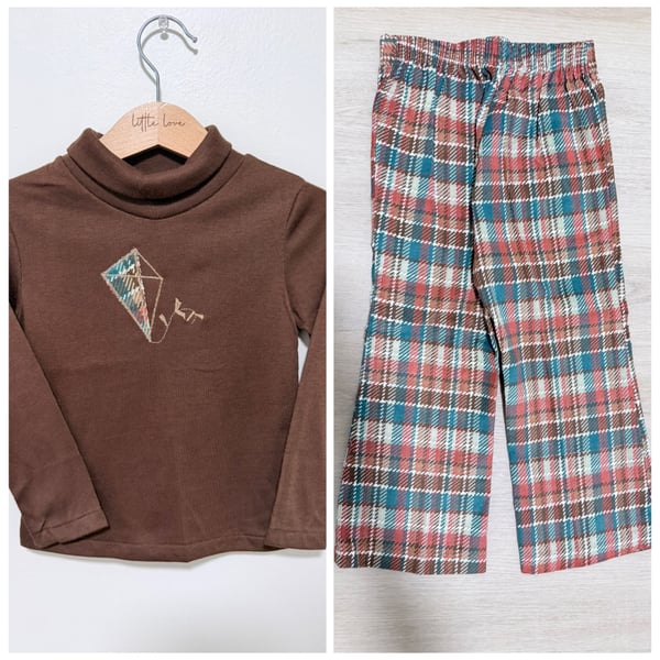 Vintage Boys Outfit Set Turtleneck Top and Plaid Pants Size 4T