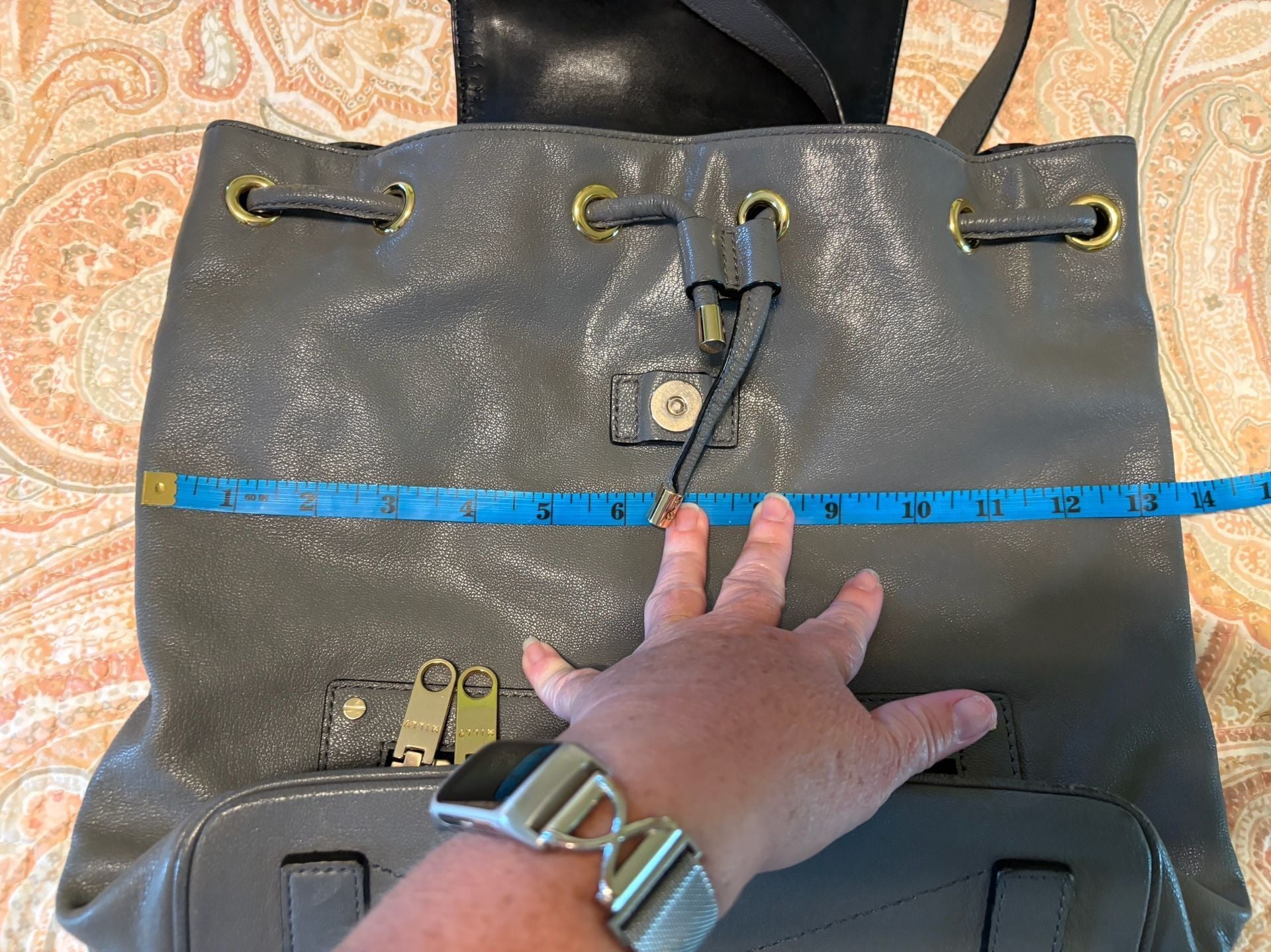 Flawed condition, Milly Grey Leather Backpack Purse w/ Gold Hardware 12