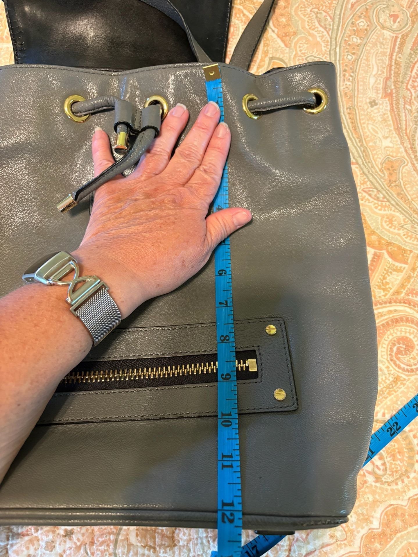 Flawed condition, Milly Grey Leather Backpack Purse w/ Gold Hardware 13