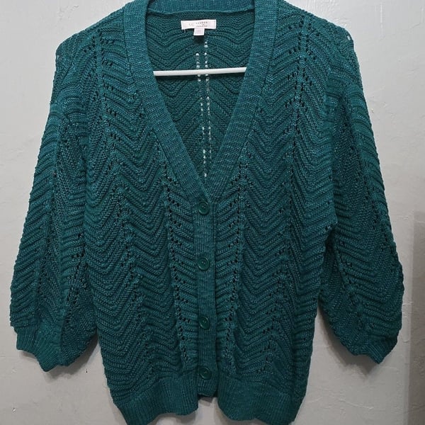 LC Lauren Conrad Cardigan Size M Teal Chevron Knit V-Neck Button Up Sweater