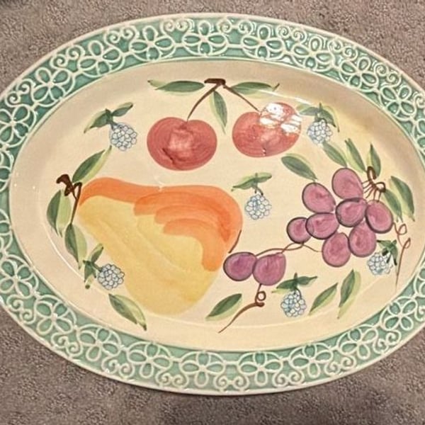 Alco Industries Fruit Serving Platter 16.25" Oval Hand Painted Vintage Green VTG