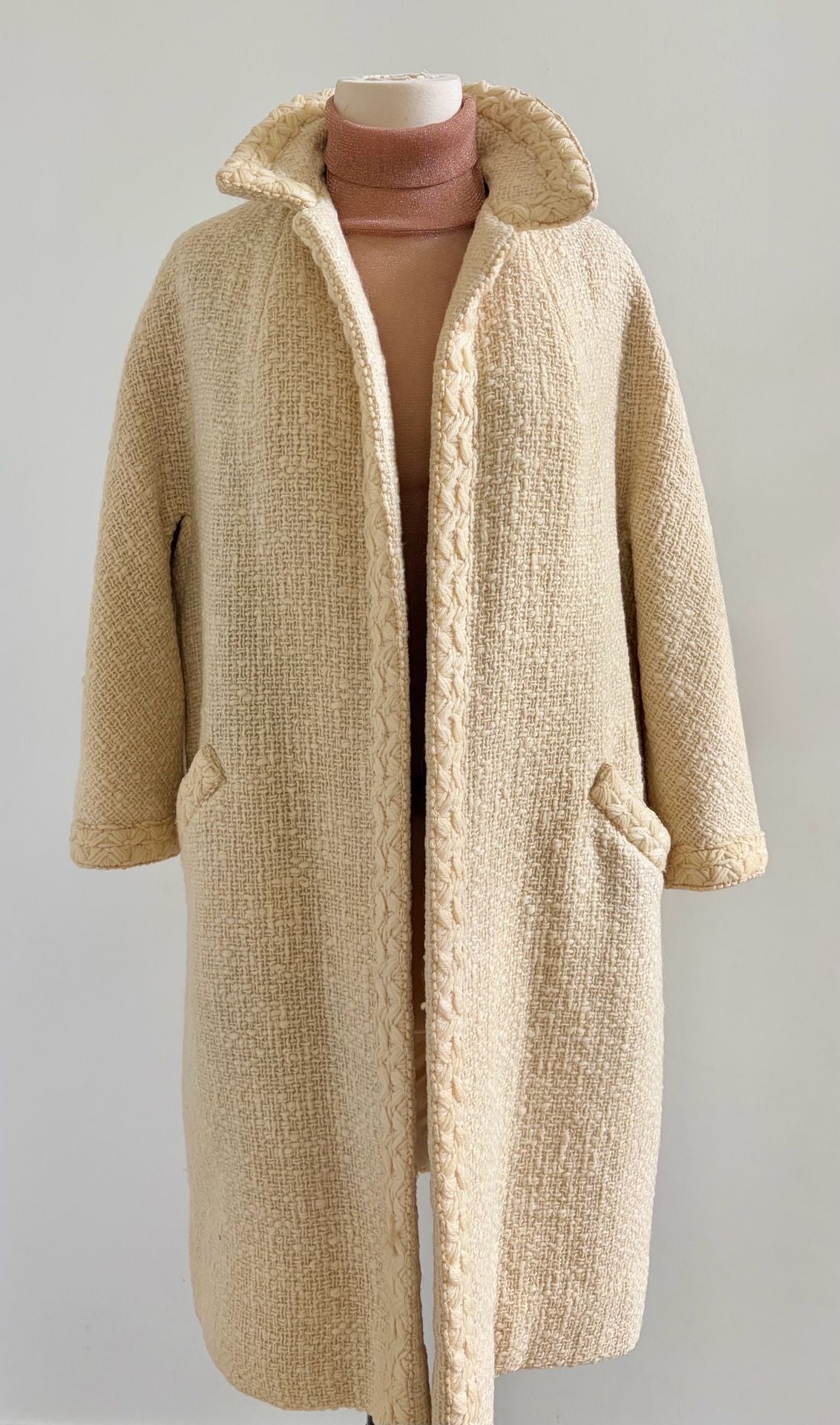 Vintage 1950s Cream Textured Wool Coat With Braided Trim 2