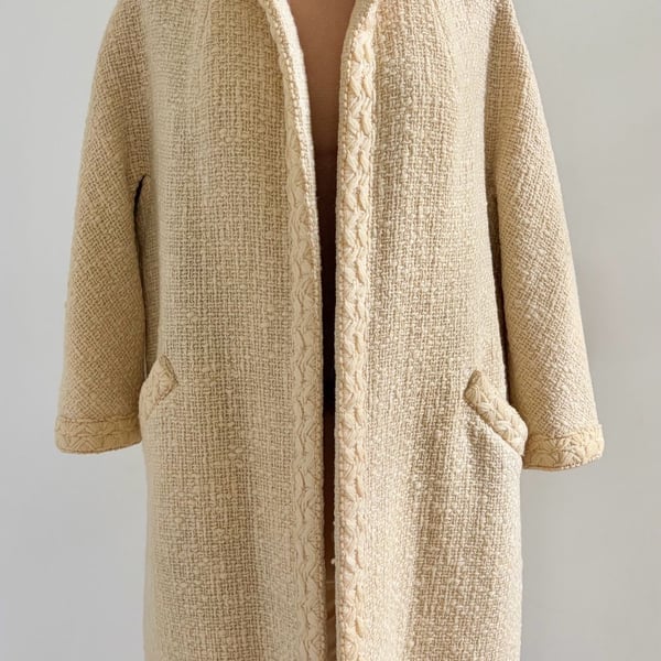 Vintage 1950s Cream Textured Wool Coat With Braided Trim