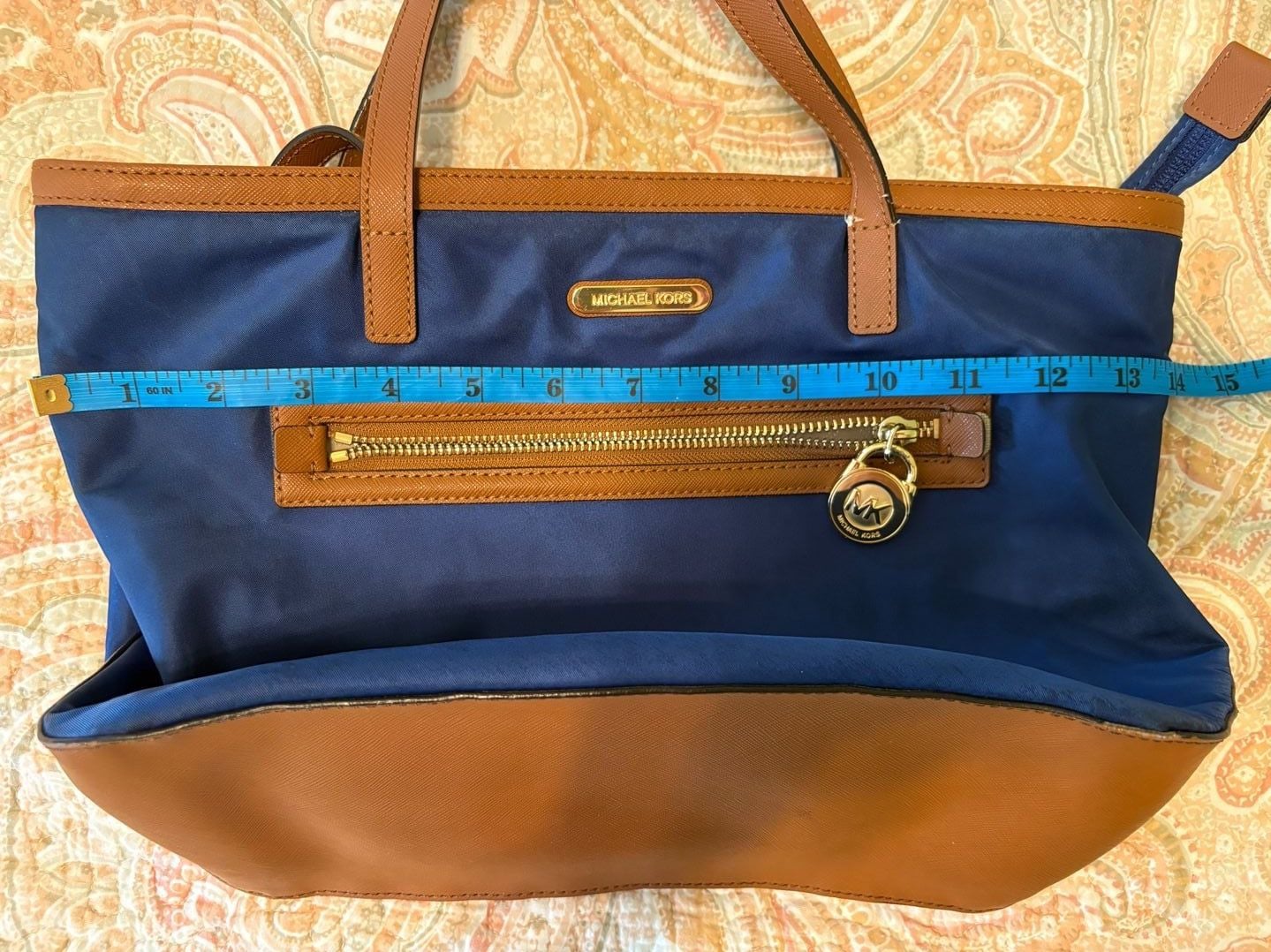 GUC Michael Kors Kempton Navy Blue Nylon Tote Bag with Brown Trim 6