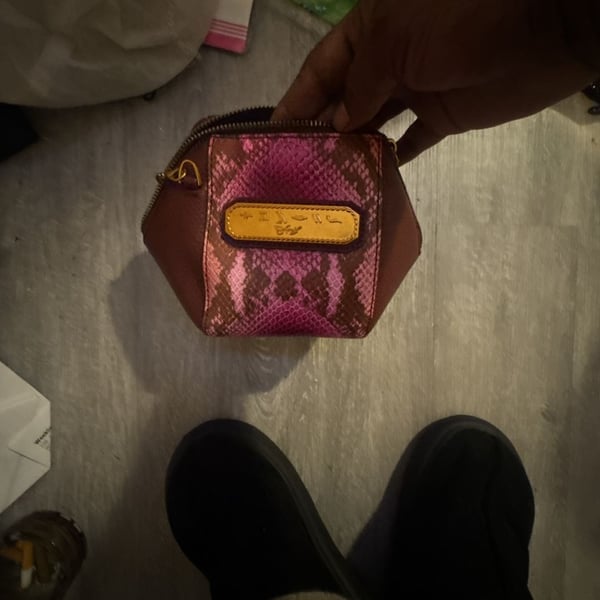 Sharif Snake Embossed Leather Mini Cosmetic Pouch Pink Brown