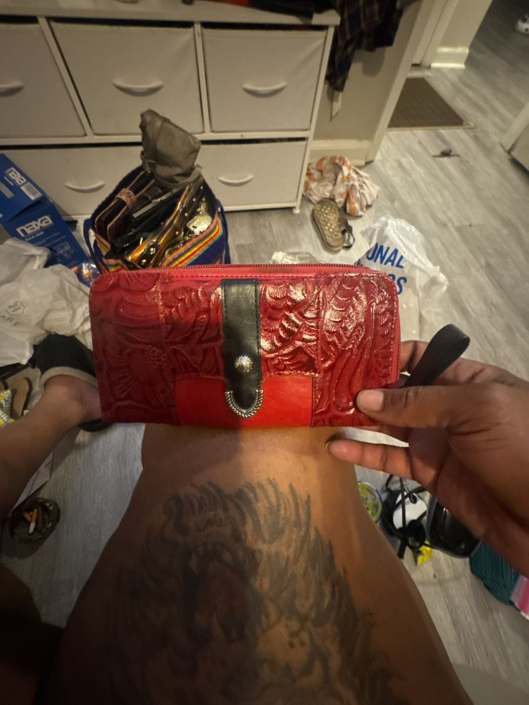 Western Tooled Leather Red Floral Long Clutch Wallet 2