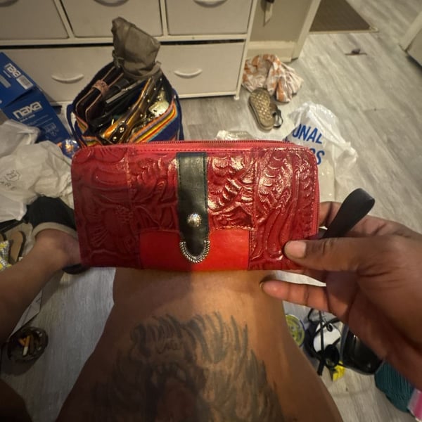 Western Tooled Leather Red Floral Long Clutch Wallet