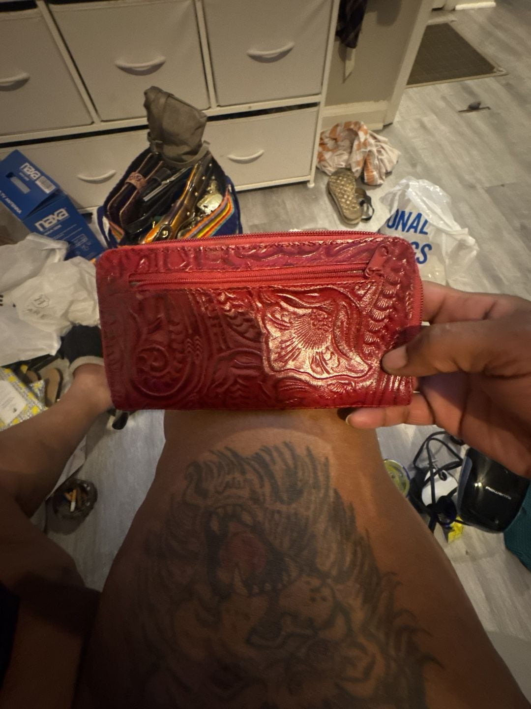 Western Tooled Leather Red Floral Long Clutch Wallet 3