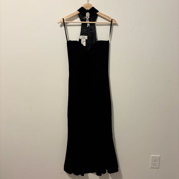 Vintage Gunne Sax Velvet Dress Size 9/10 Black Halter Pearl Accent