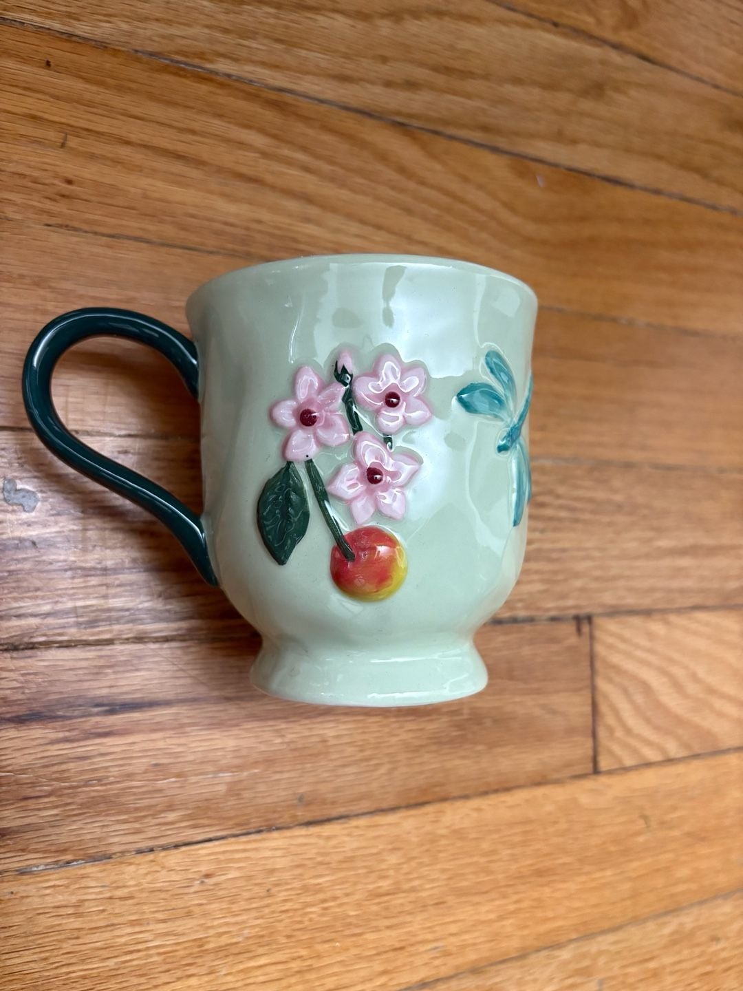 Anthropologie Faye Frazee Mug Mint Green Cherry Dragonfly Fruit 2