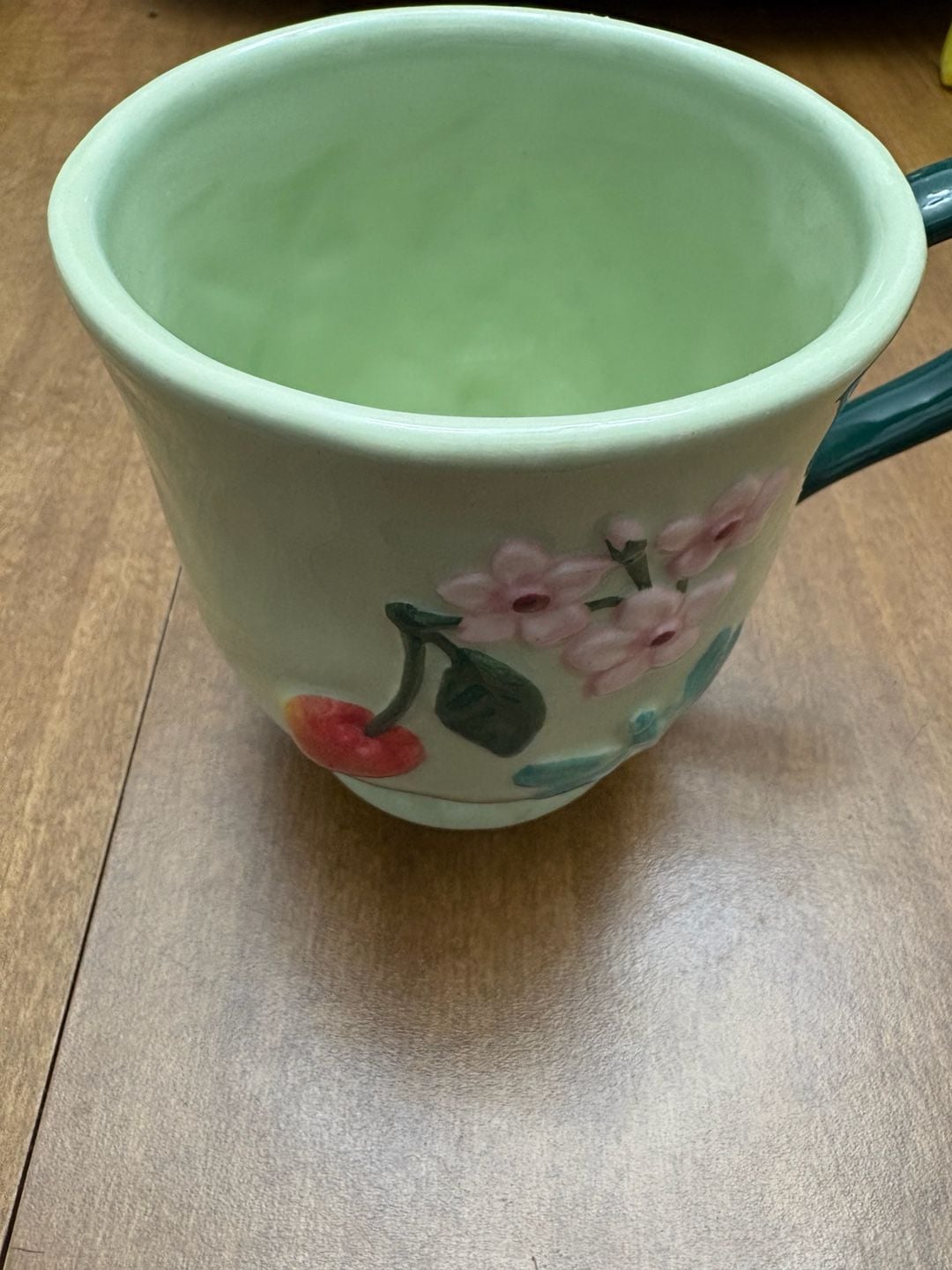 Anthropologie Faye Frazee Mug Mint Green Cherry Dragonfly Fruit 3