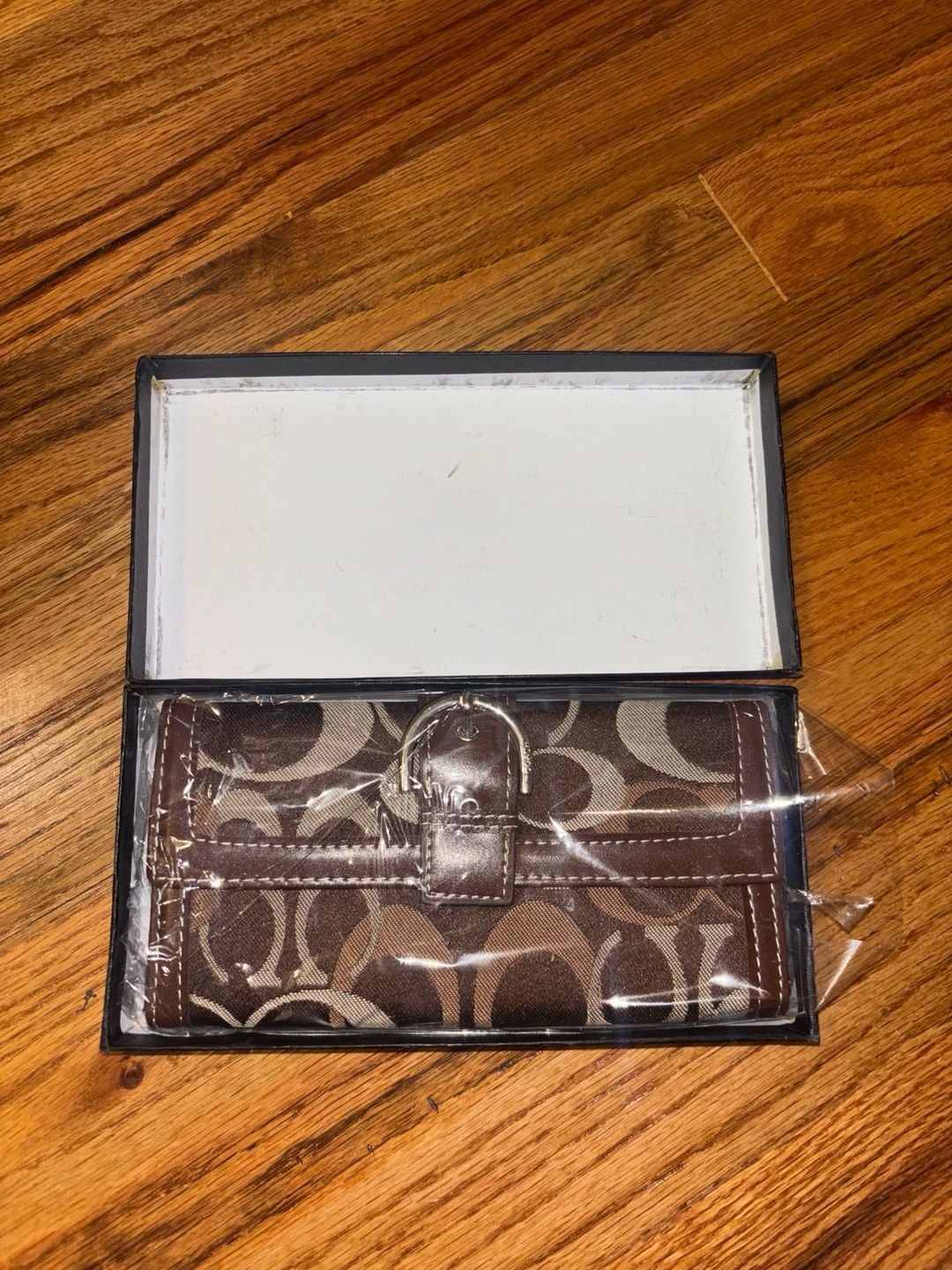 Coach Signature C Brown Canvas Leather Checkbook Wallet With Belt Buckle 2