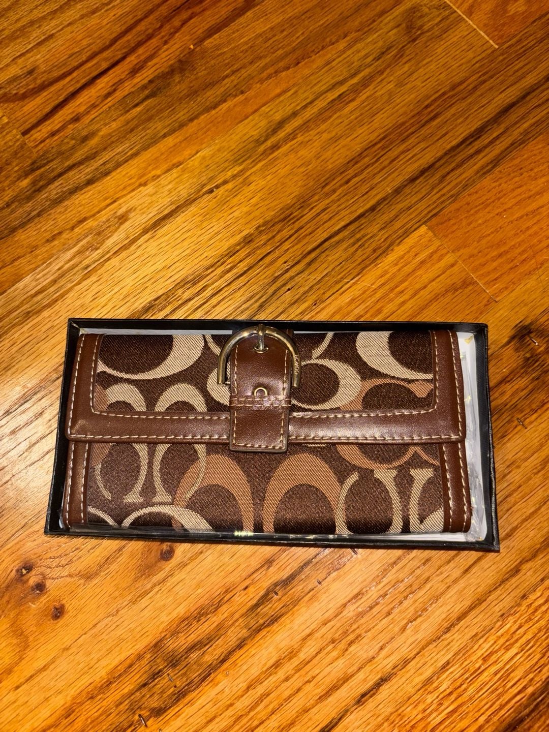 Coach Signature C Brown Canvas Leather Checkbook Wallet With Belt Buckle 3