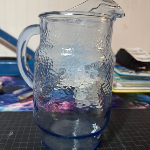 Anchor Hocking Blue Glass Pitcher Crinkle Textured