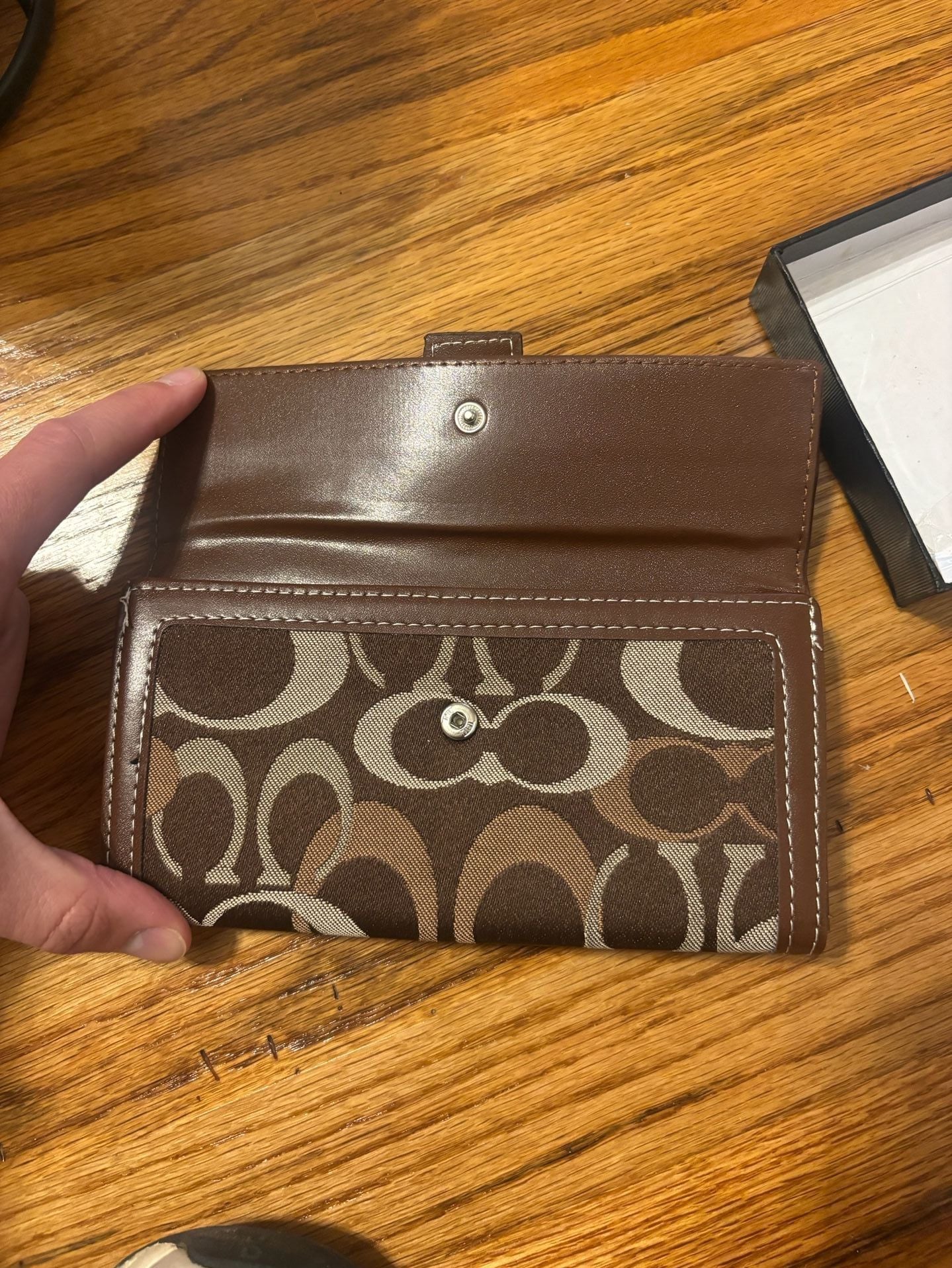Coach Signature C Brown Canvas Leather Checkbook Wallet With Belt Buckle 5
