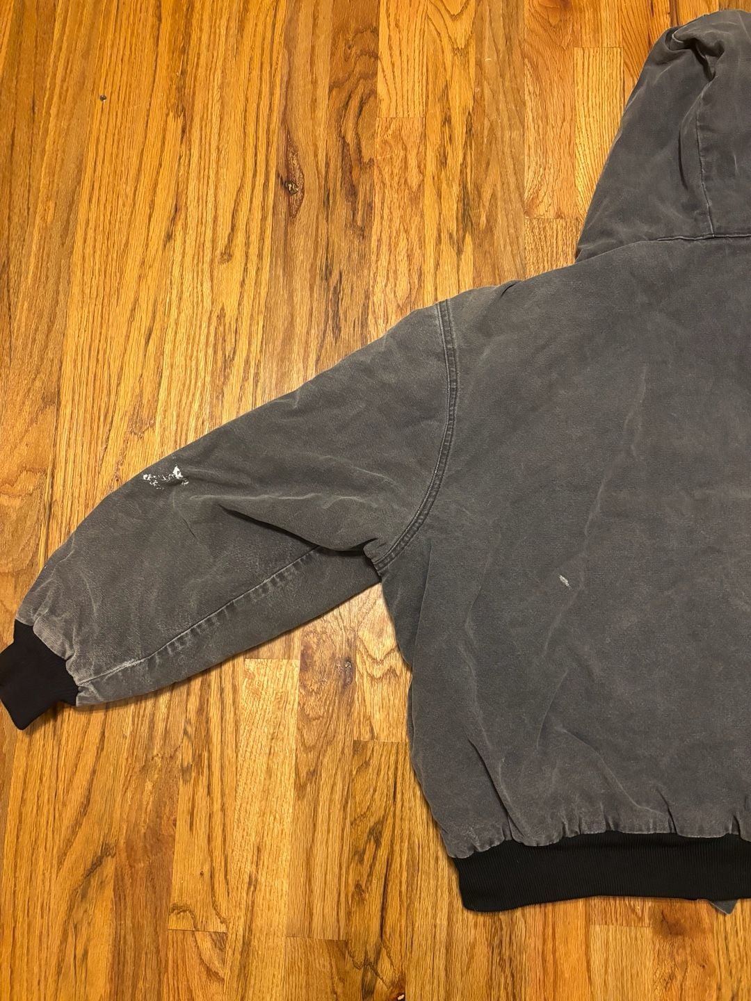Duxbak Canvas Insulated Hooded Work Jacket Black Distressed Paint Splatter 10