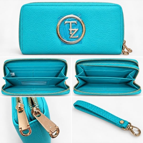 Tracy Zhou Double Zip Around Wallet Turquoise Faux Leather Wristlet