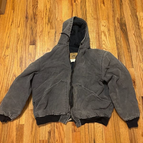 Duxbak Canvas Insulated Hooded Work Jacket Black Distressed Paint Splatter