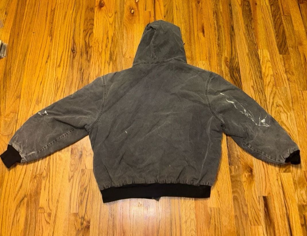 Duxbak Canvas Insulated Hooded Work Jacket Black Distressed Paint Splatter 3