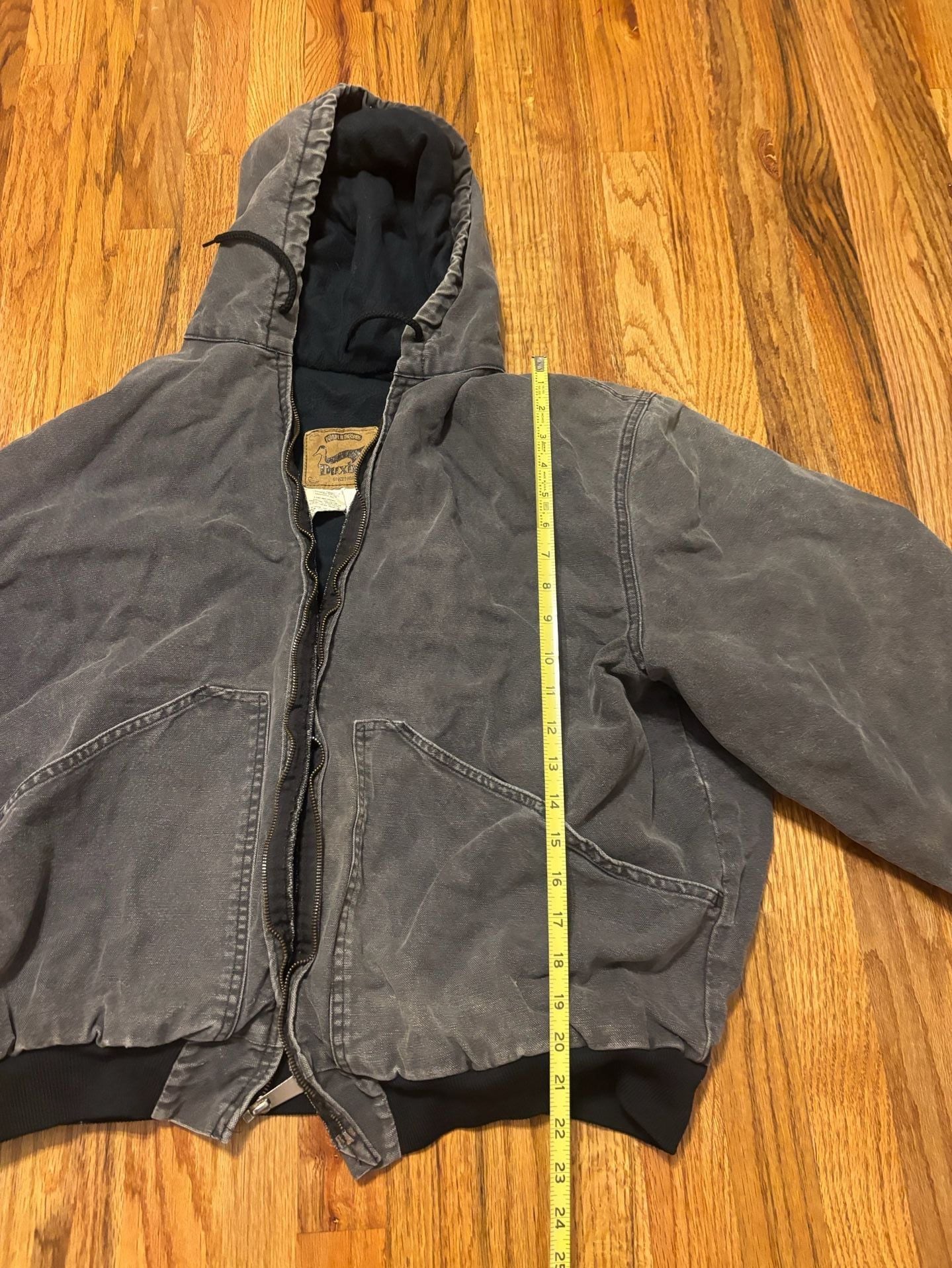 Duxbak Canvas Insulated Hooded Work Jacket Black Distressed Paint Splatter 5