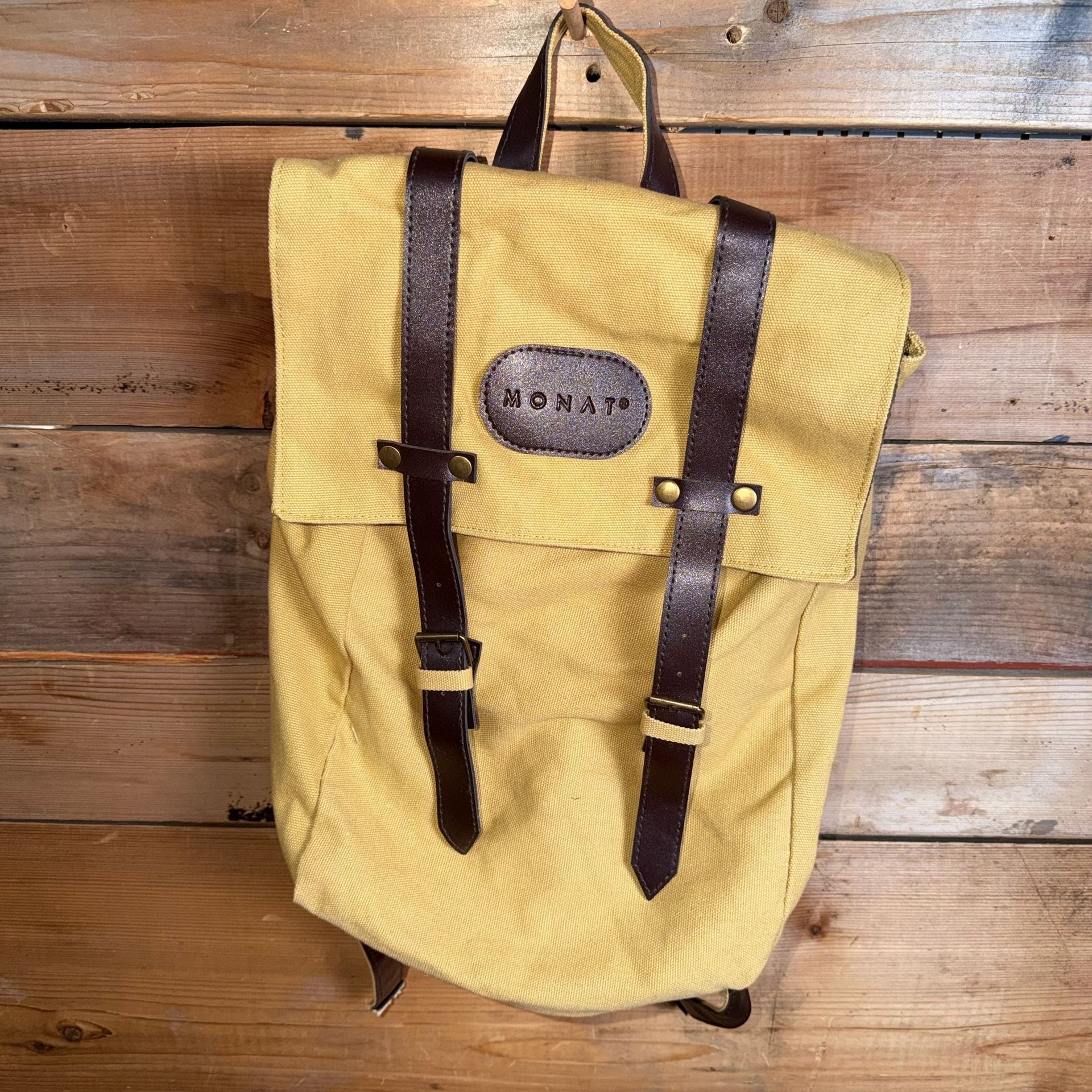 Monat Canvas Backpack Yellow Brown Leather Trim 2
