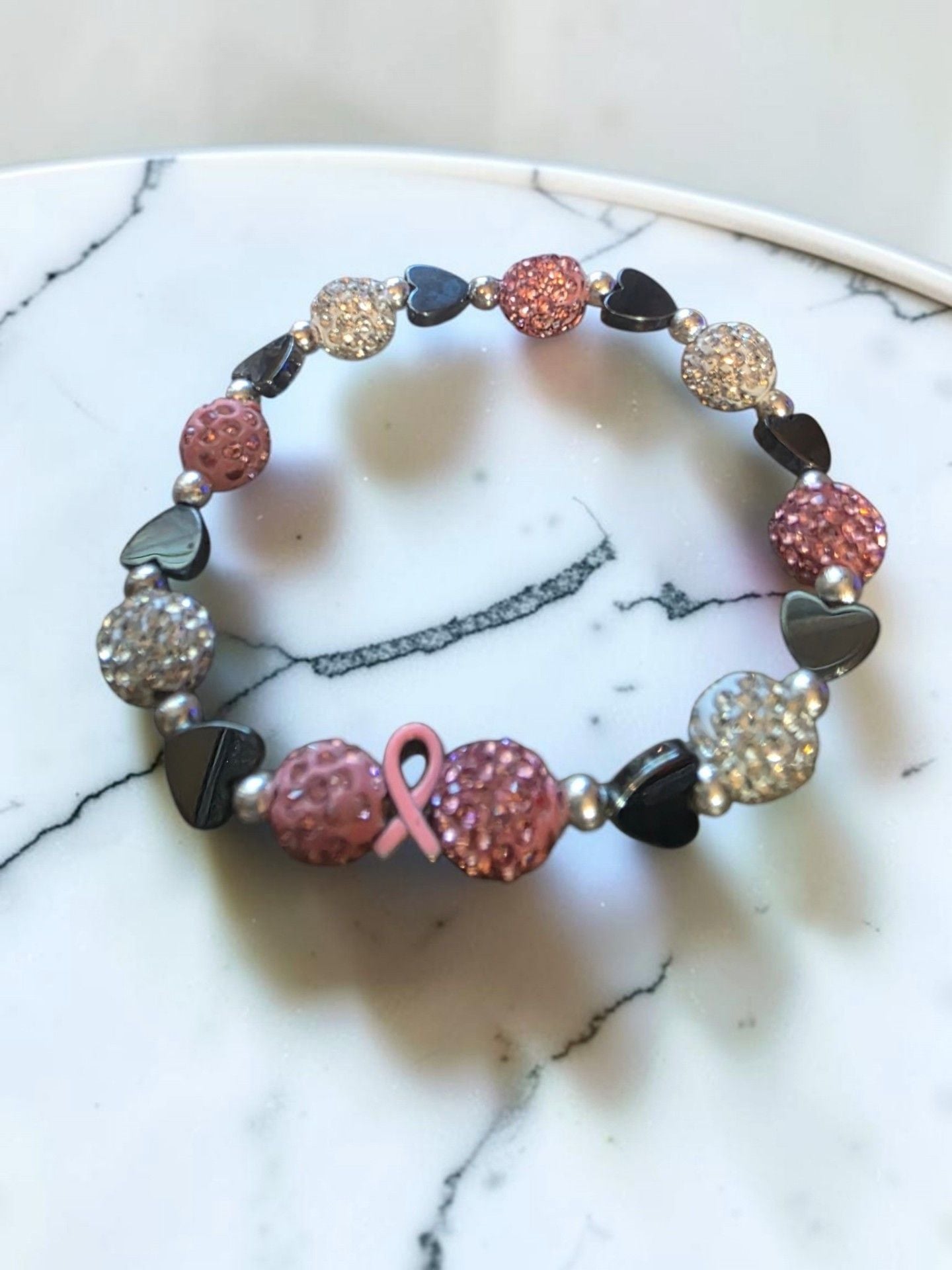 Pink Ribbon Breast Cancer Awareness Beaded Stretch Bracelet 2
