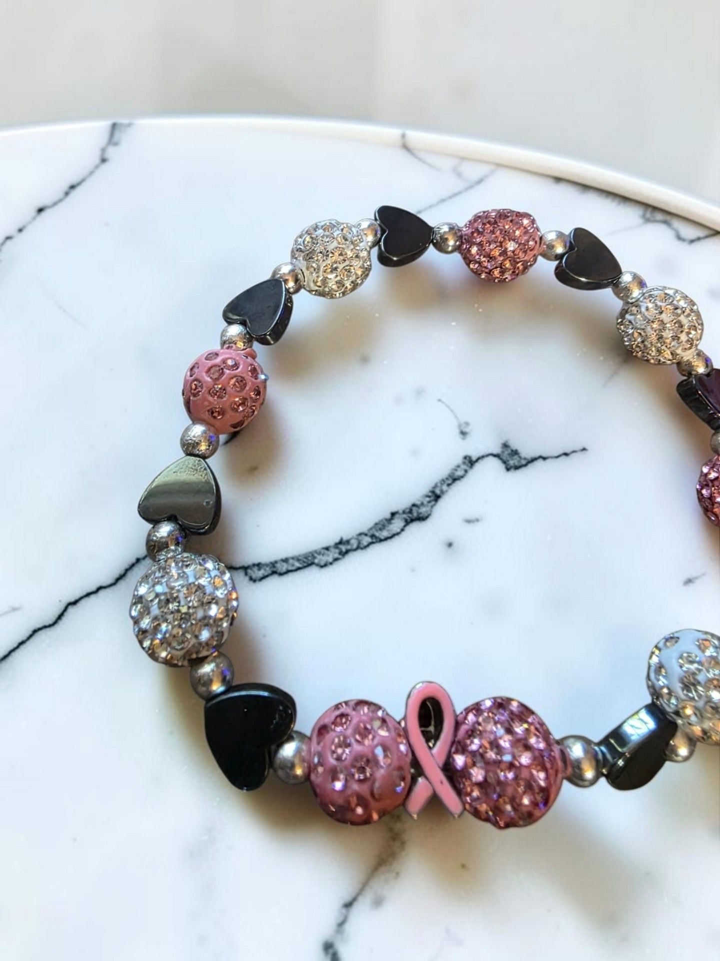 Pink Ribbon Breast Cancer Awareness Beaded Stretch Bracelet 3