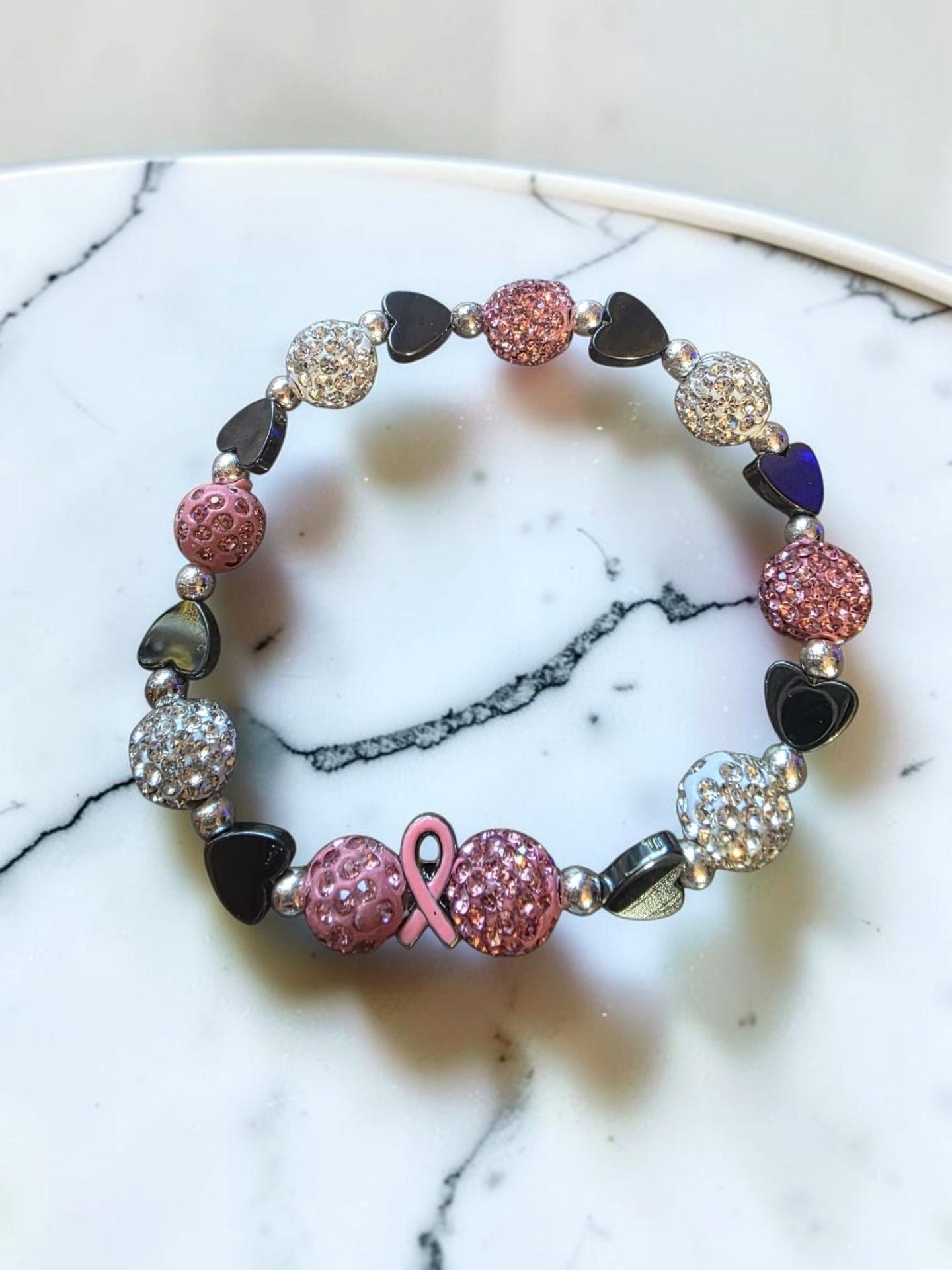Pink Ribbon Breast Cancer Awareness Beaded Stretch Bracelet 4