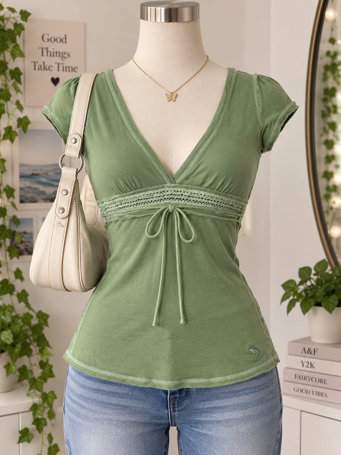 Abercrombie & Fitch Top Size S Green V-Neck Lace Y2K 2