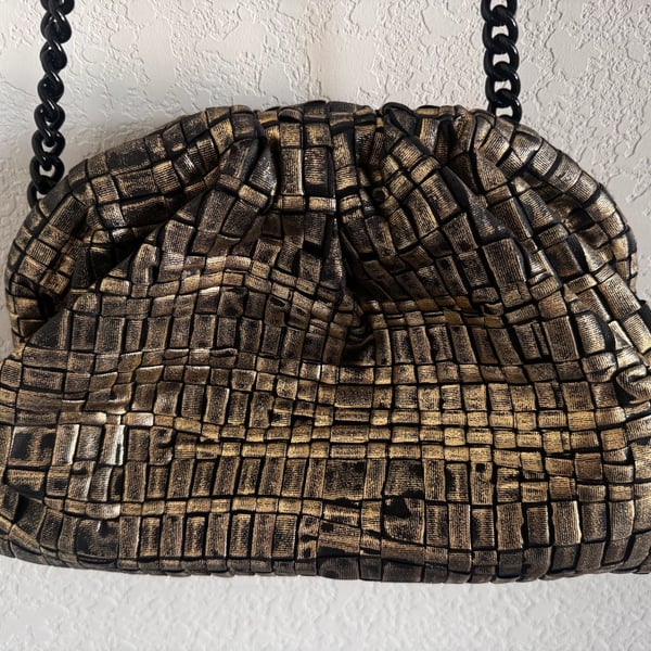 Maria La Rosa Metallic Gold Woven Clutch Shoulder Bag Chain Made in Italy
