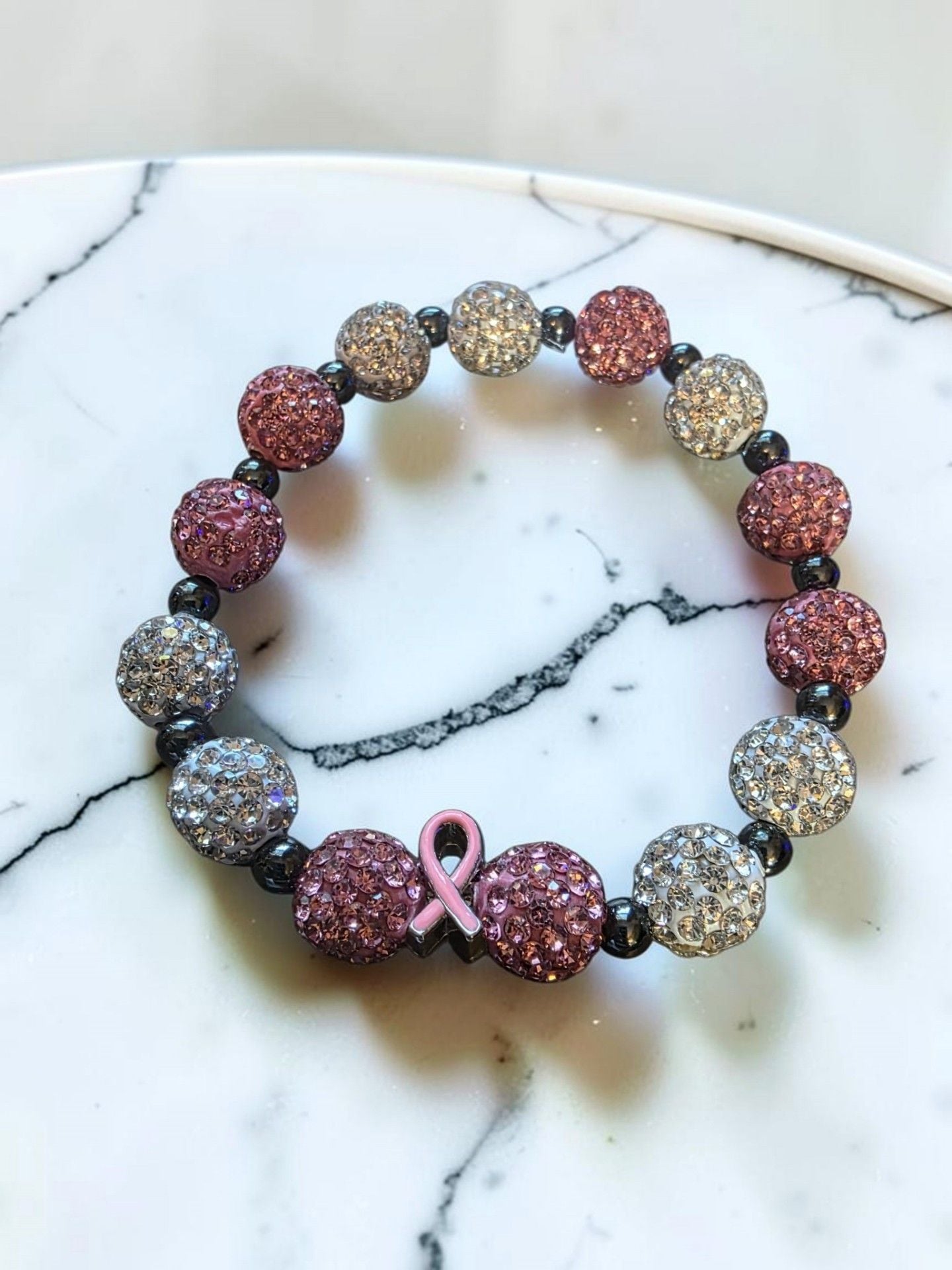 Breast Cancer Awareness Rhinestone Pave Bead Bracelet Pink Ribbon 2