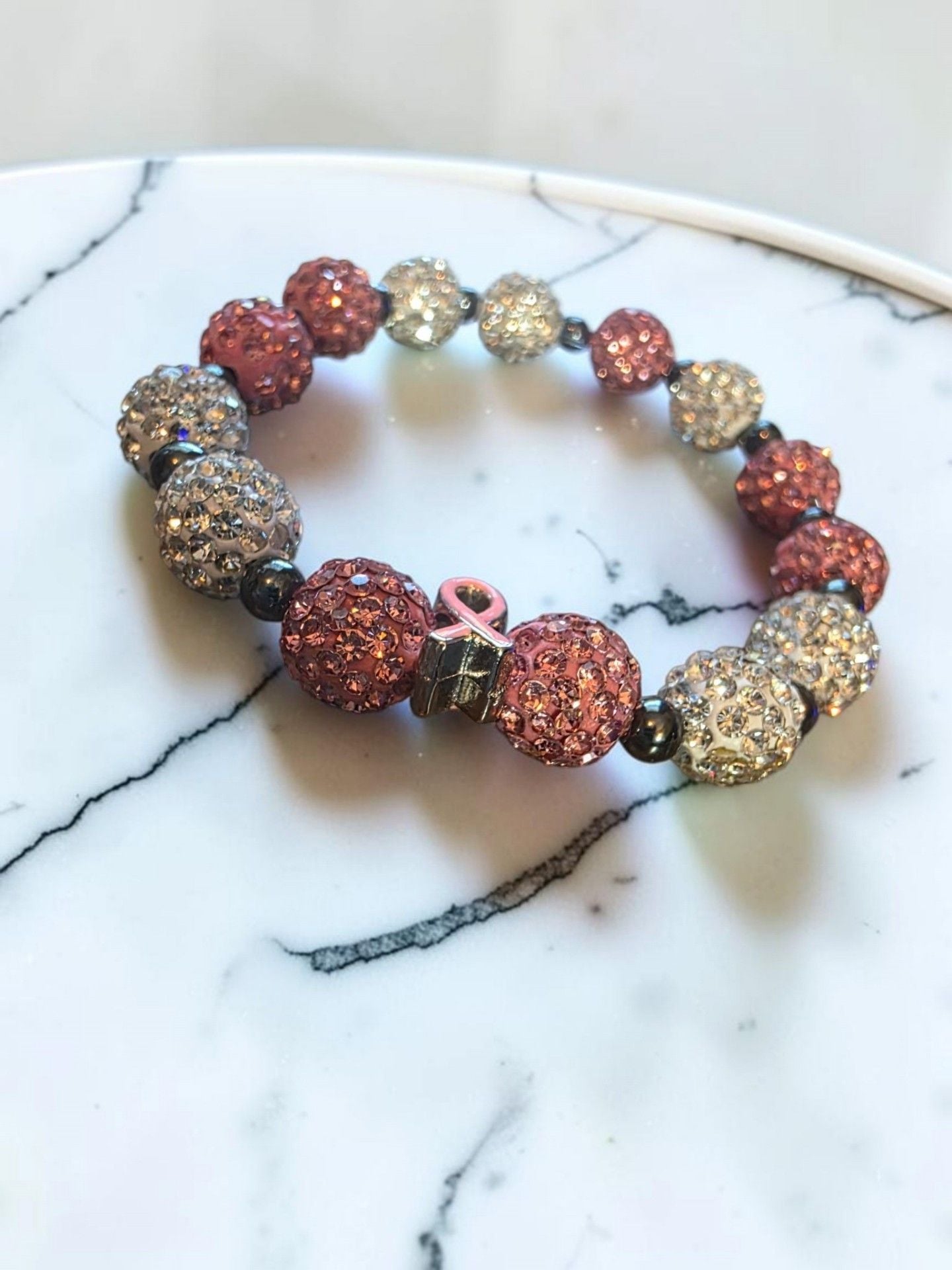 Breast Cancer Awareness Rhinestone Pave Bead Bracelet Pink Ribbon 3