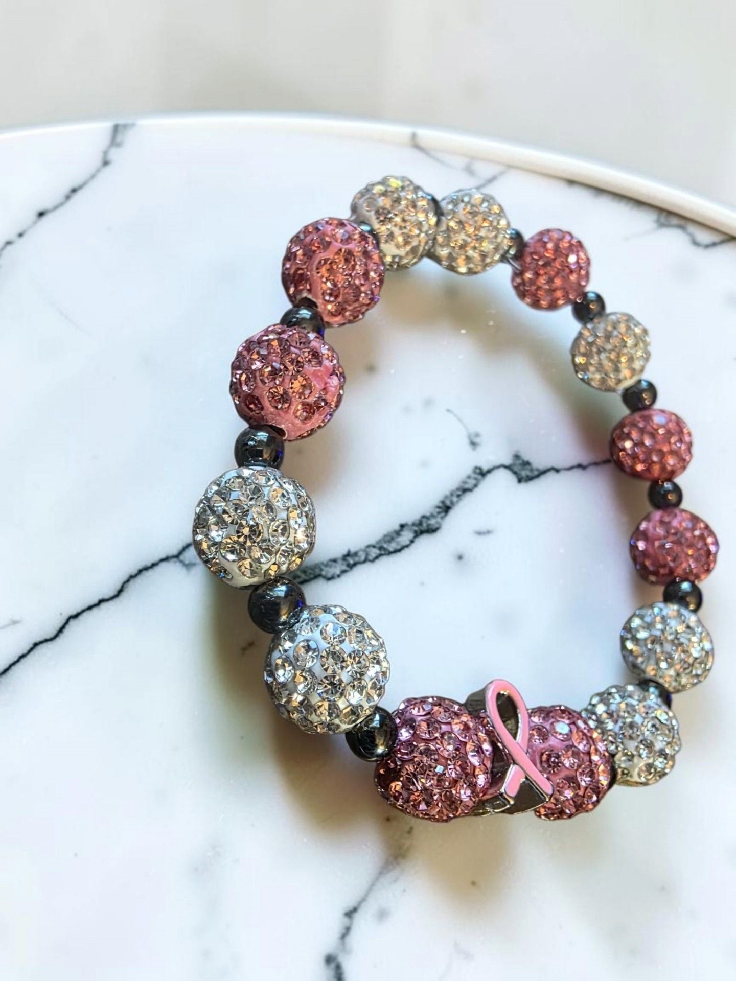 Breast Cancer Awareness Rhinestone Pave Bead Bracelet Pink Ribbon 4