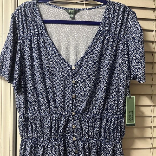 Terra & Sky Smocked V-Neck Top Size 1X Blue White Floral Print