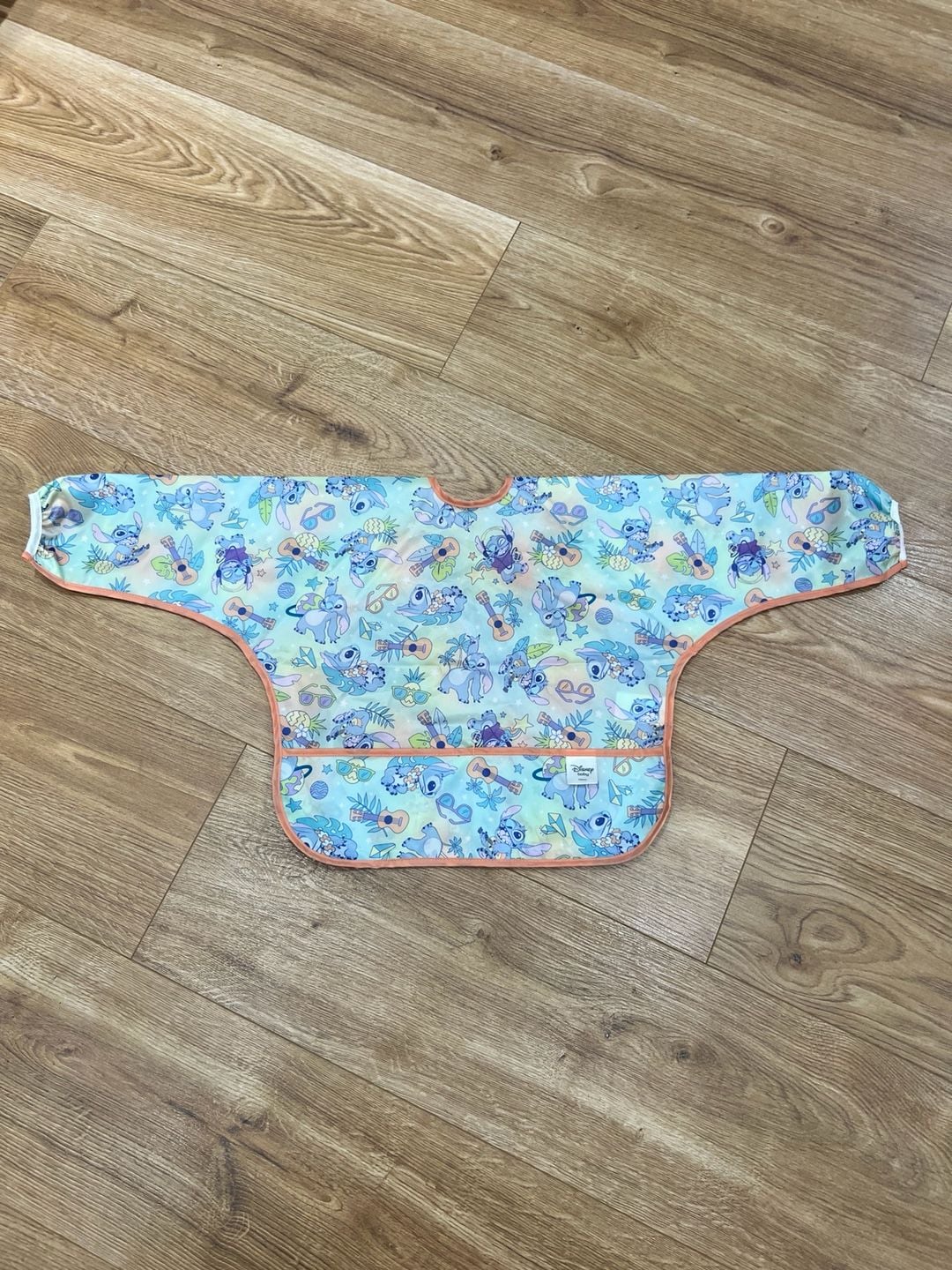 Bumkins Disney Aloha Stitch Sleeved Bib Waterproof Pocketed Tie Back 1