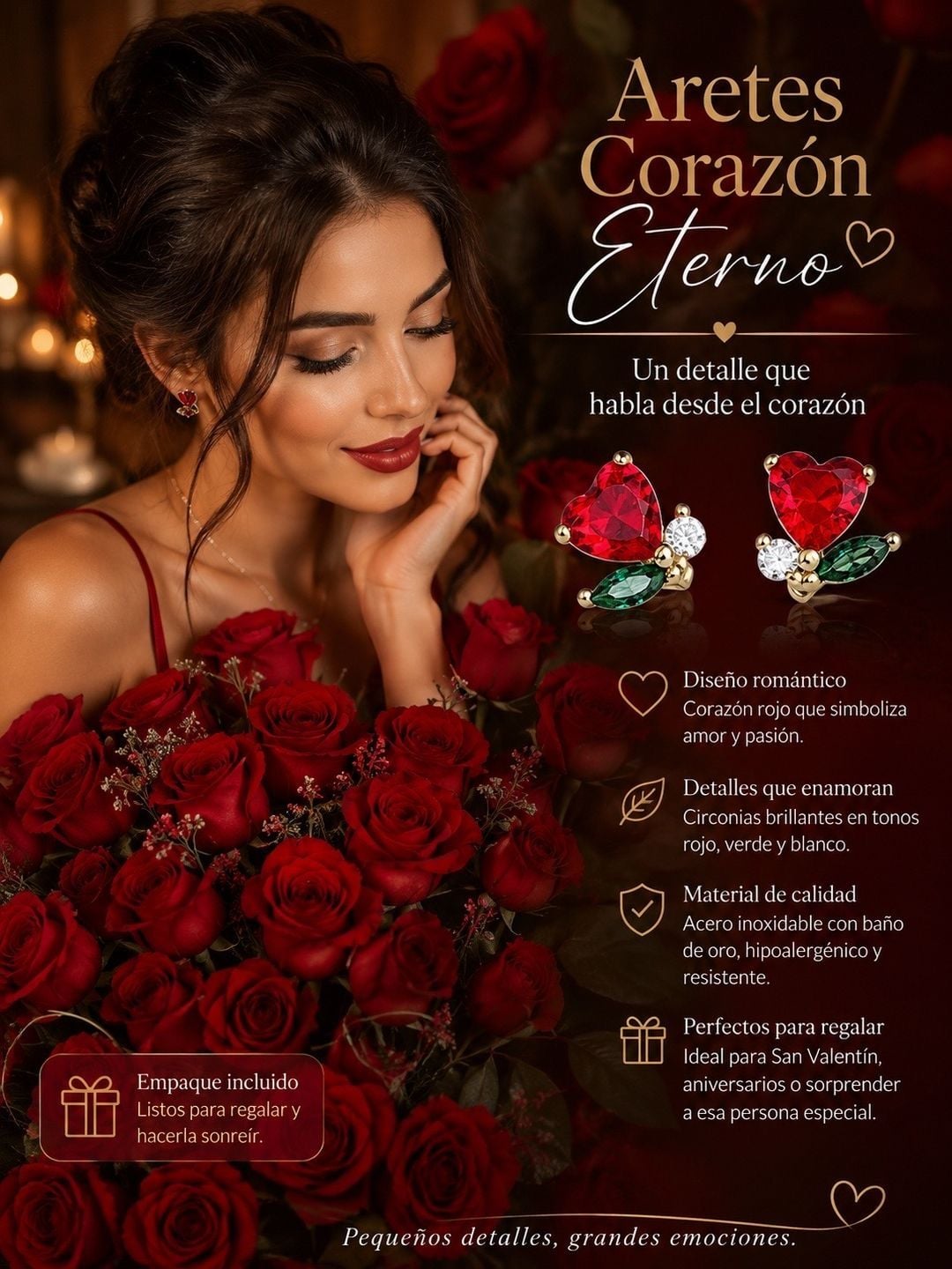 Aretes Corazón Eterno Red Heart Gold-Plated Crystal Stud Earrings 1
