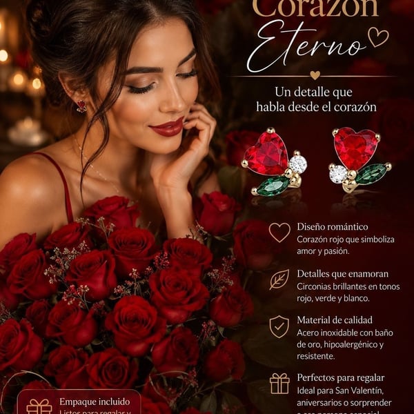Aretes Corazón Eterno Red Heart Gold-Plated Crystal Stud Earrings