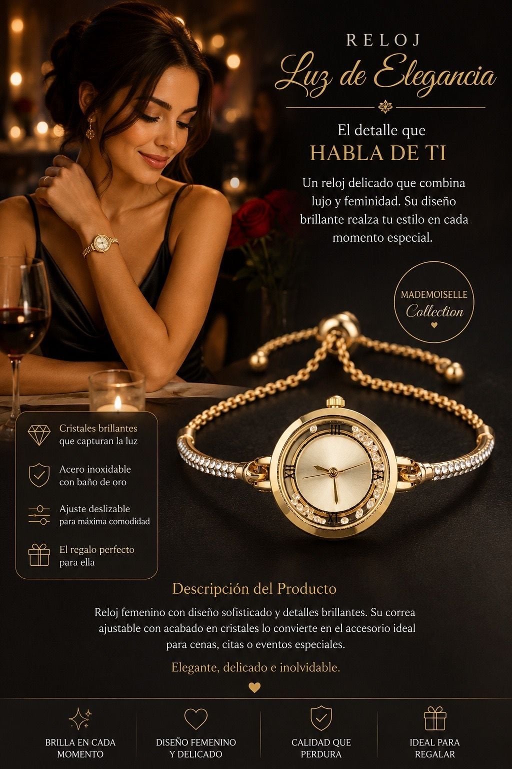 Mademoiselle Collection Luz de Elegancia Gold Crystal Bracelet Watch 1
