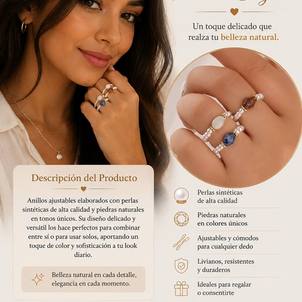 Natural Stone Pearl Beaded Adjustable Ring Set