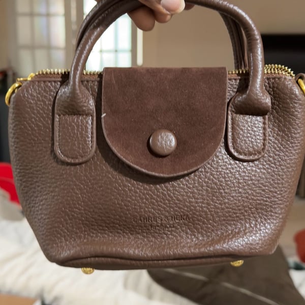 Dahres & Heka Brown Faux Leather Top Handle Handbag with Gold Hardware
