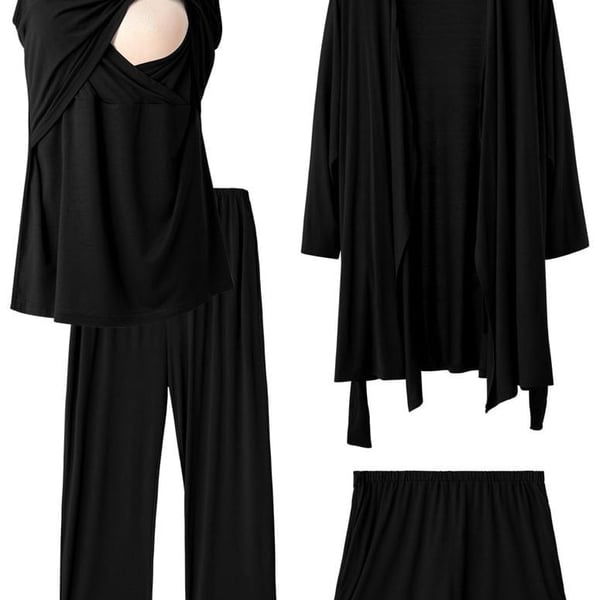 SUNNYBUY Women 4-Piece Maternity Nursing Pajama Set Black