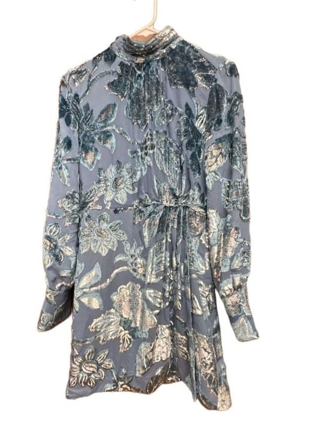 SIMKHAI Halen Mini Dress Size 2 Blue Celestial Velvet Floral Mock Neck 5