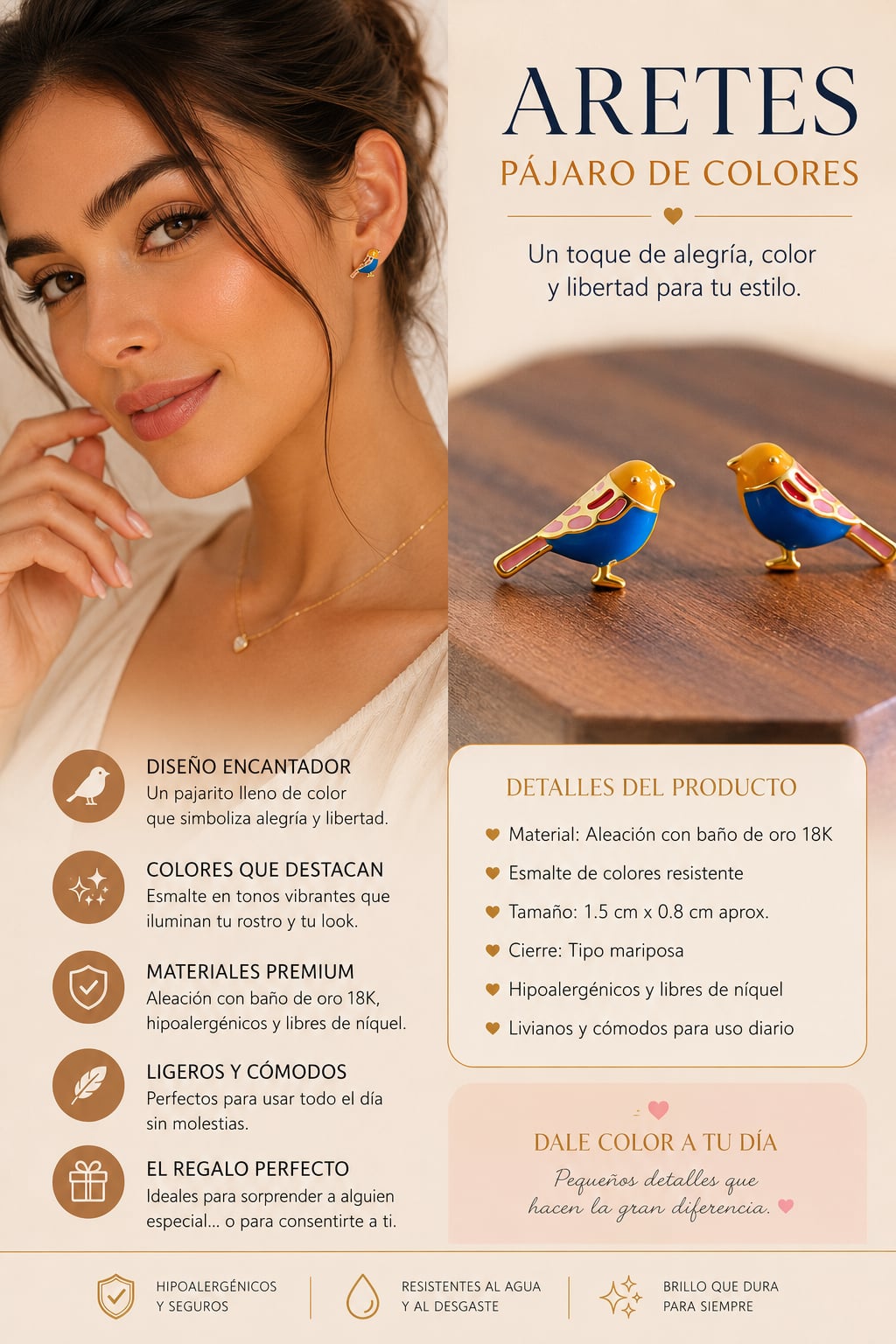 Aretes Pajaro De Colores Enamel Bird Stud Earrings Gold Plated 1
