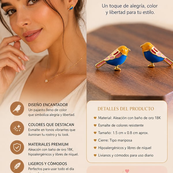 Aretes Pajaro De Colores Enamel Bird Stud Earrings Gold Plated