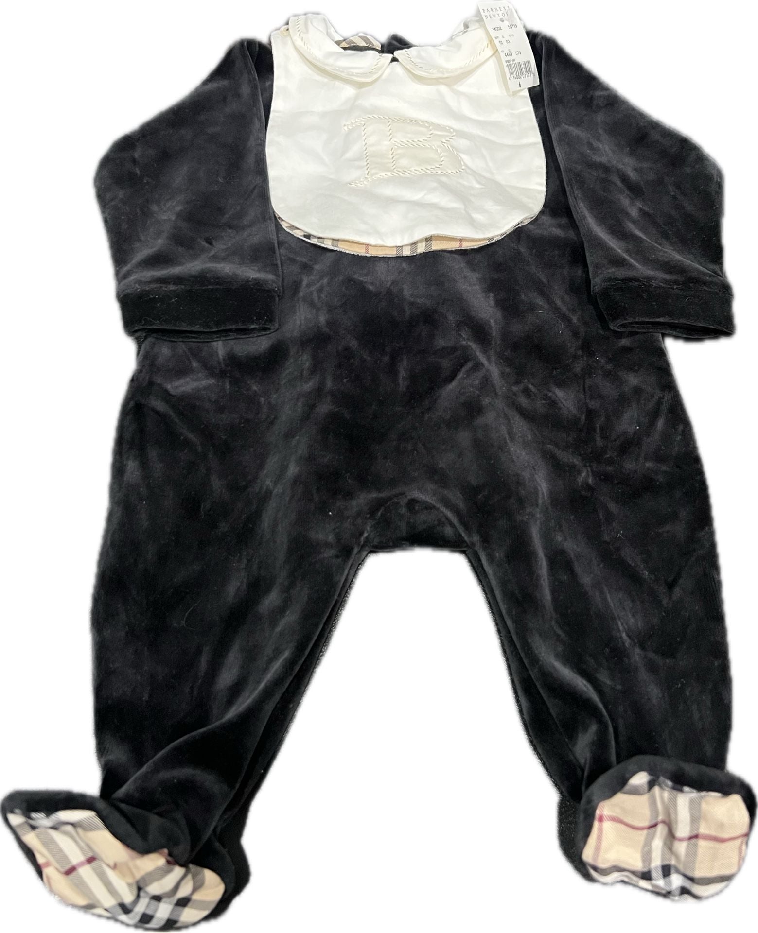 Burberry One Piece with Snap-On Bib Size 6M Black Velour Check Collar 2